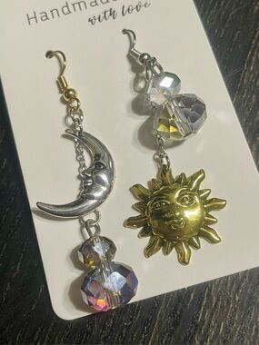 Hand Crafted Gold Sun & Silver Moon Asymmetrical Dangle Earrings